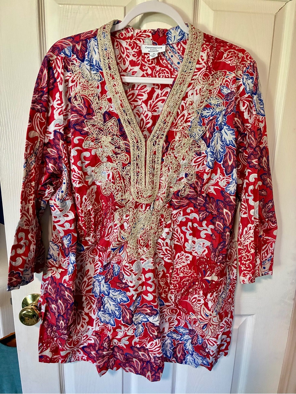 Charter Club Red/dark pink Tunic with Gold Embroidery and Blue Accents